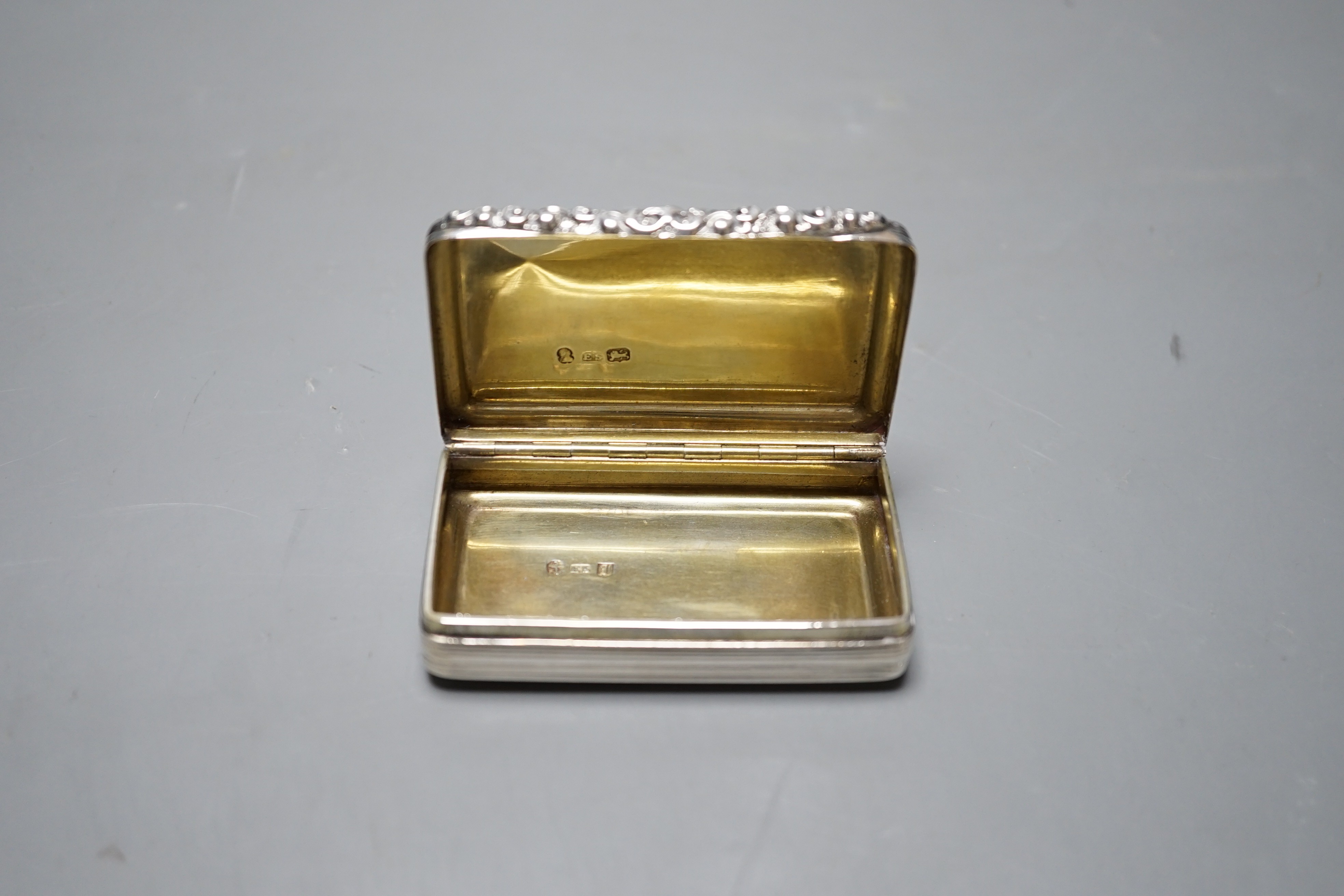 A William IV engraved silver rectangular snuff box, Edward Smith, Birmingham, 1832, 75mm.